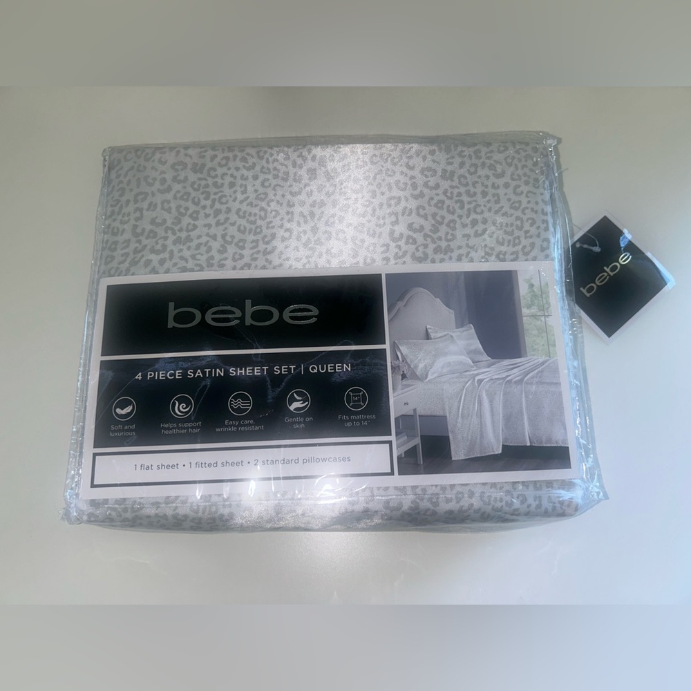 brand new- bebe 4 piece satin sheet set- Queen